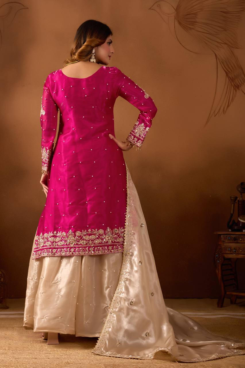 Prazu Fashion Pink Silk Embroidered Coding With Rivet Moti Work Palazzo Suit