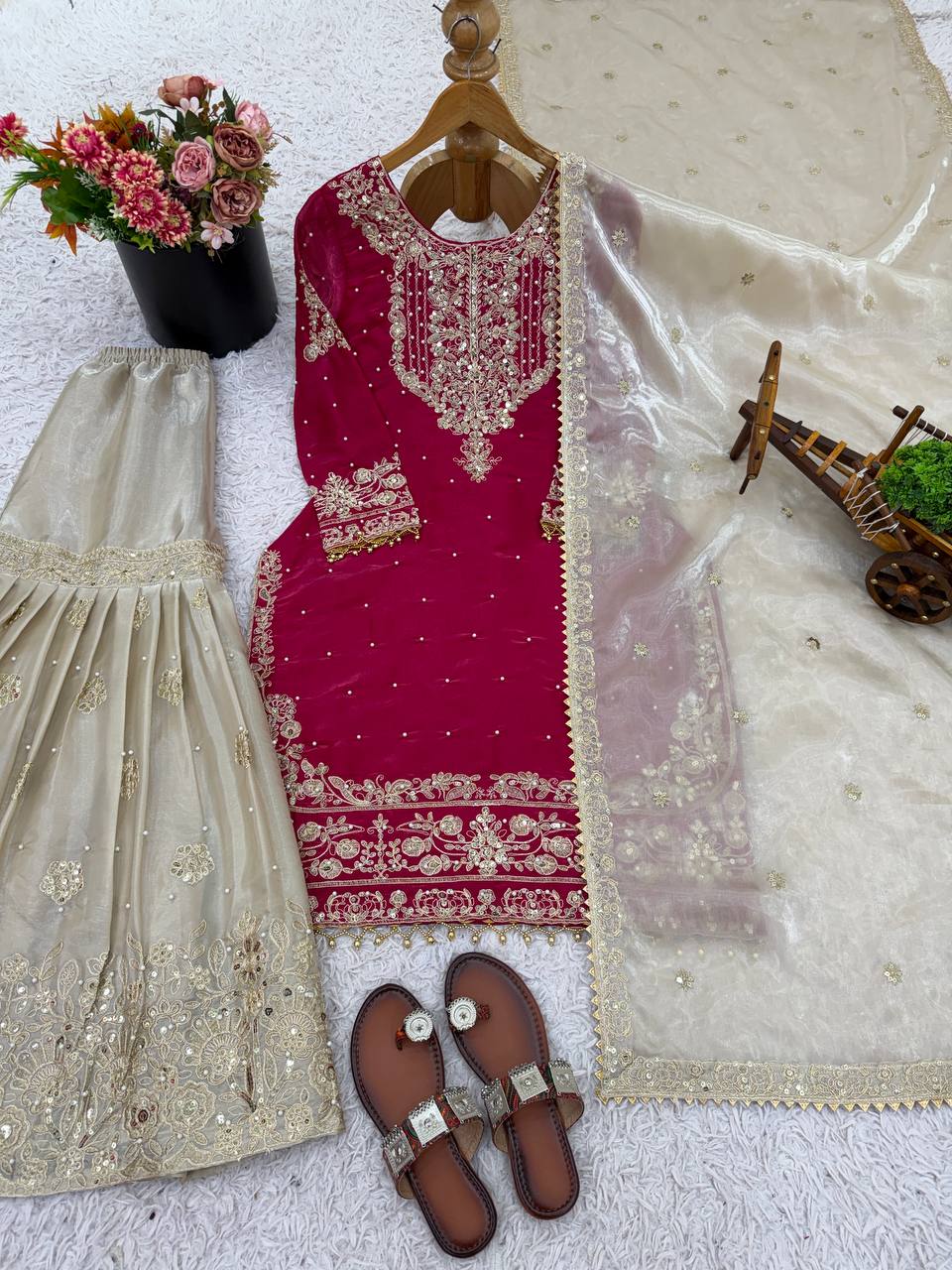 Prazu Fashion Pink Silk Embroidered Coding With Rivet Moti Work Palazzo Suit