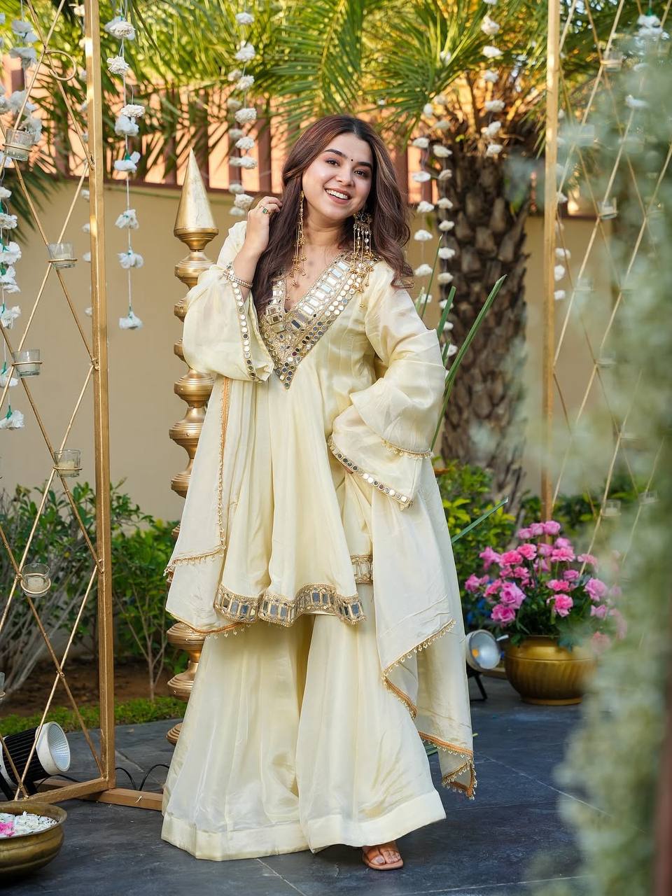 Prazu Fashion Off White Cosmos Zari Silk Thread Mirror Work Palazzo Suit