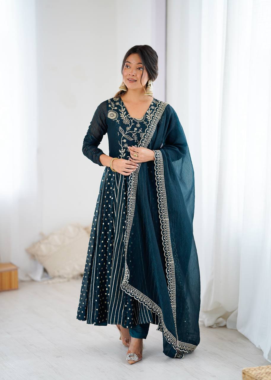 Prazu Fashion Rama Crunchy Silk Embroidered Sequence Anarkali Gown