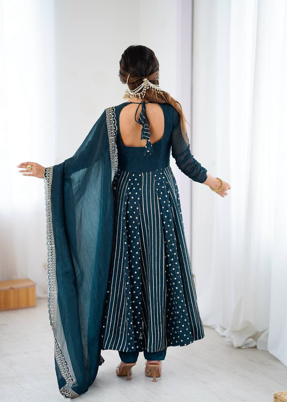 Prazu Fashion Rama Crunchy Silk Embroidered Sequence Anarkali Gown