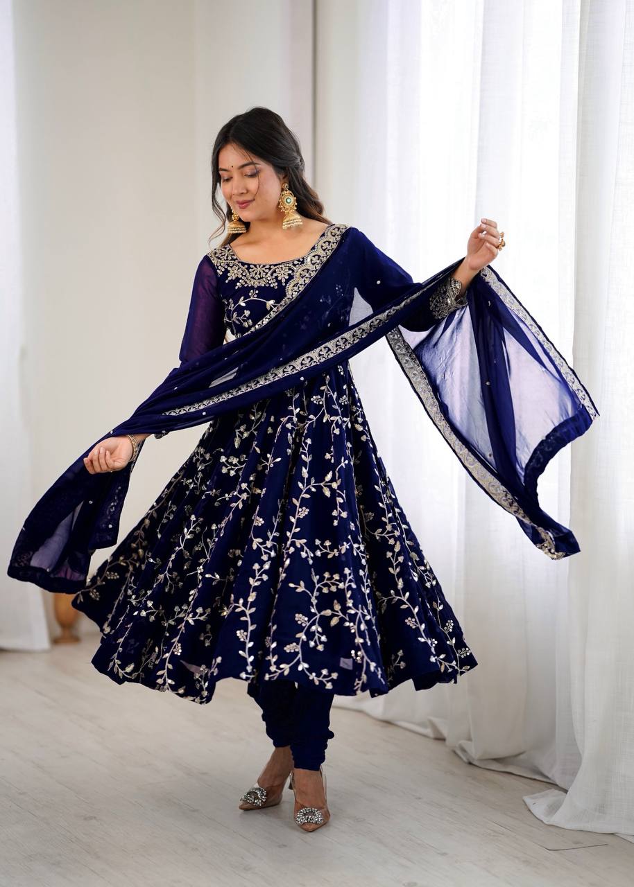 Prazu Fashion Blue Georgette Embroidered Designer Anarkali Gown