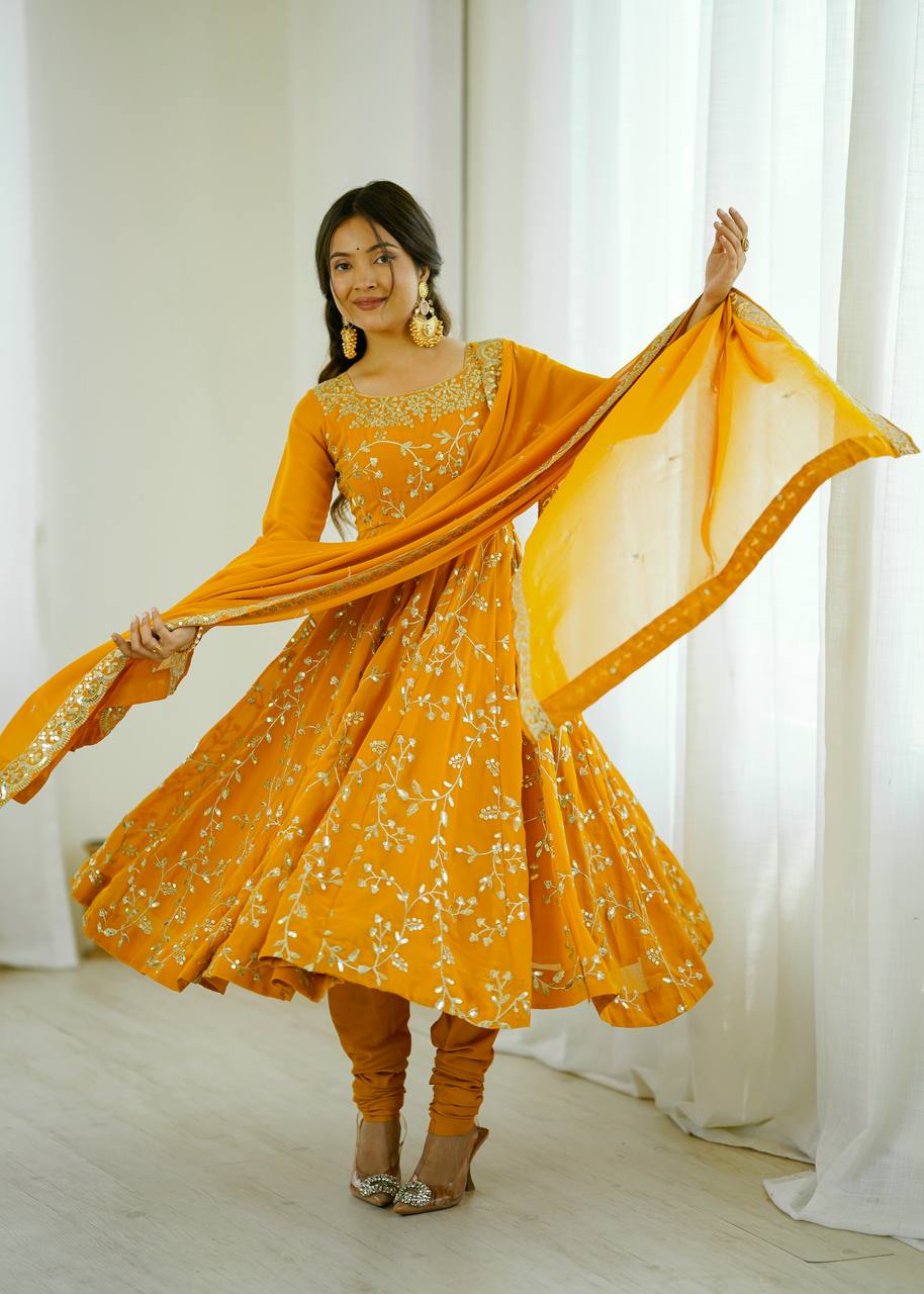 Prazu Fashion Yellow Georgette Embroidered Designer Anarkali Gown