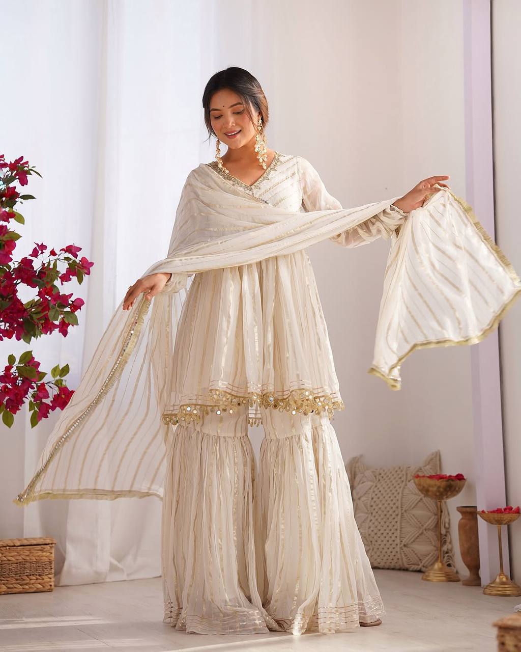Prazu Fashion Off White Mal Chanderi Silk Mirror Work Designer Sharara Suit