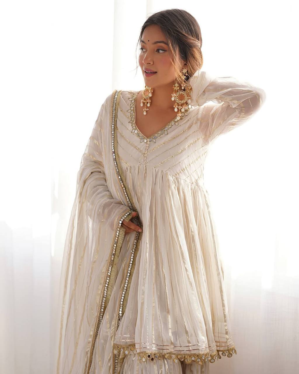 Prazu Fashion Off White Mal Chanderi Silk Mirror Work Designer Sharara Suit