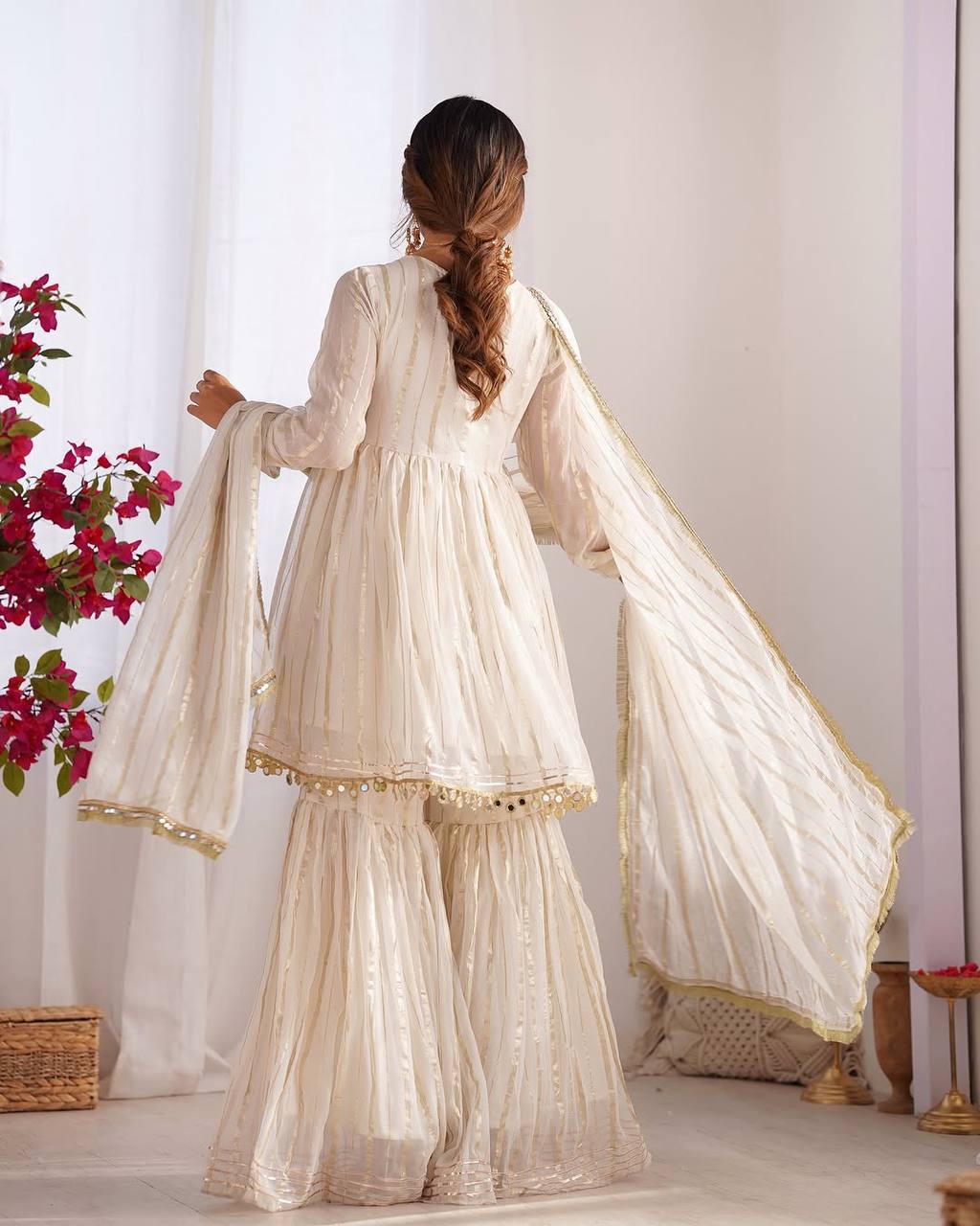 Prazu Fashion Off White Mal Chanderi Silk Mirror Work Designer Sharara Suit