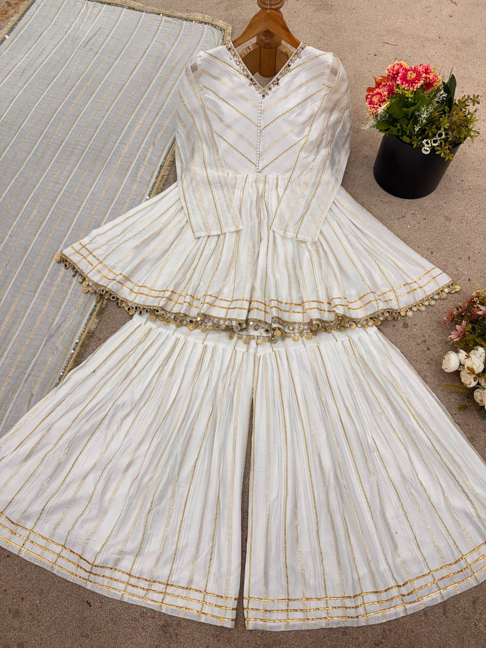 Prazu Fashion Off White Mal Chanderi Silk Mirror Work Designer Sharara Suit