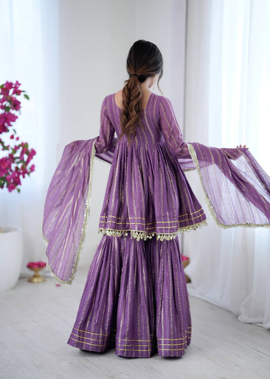 Prazu Fashion Lavender Mal Chanderi Real Mirror With Hand Work Sharara Suit