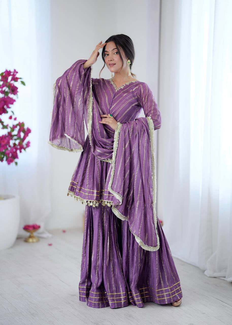 Prazu Fashion Lavender Mal Chanderi Real Mirror With Hand Work Sharara Suit