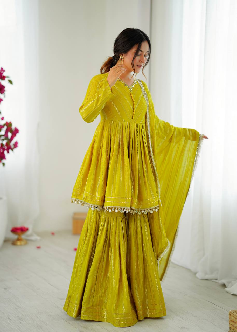 Prazu Fashion Lemon Yellow Mal Chanderi Real Mirror With Hand Work Sharara Suit