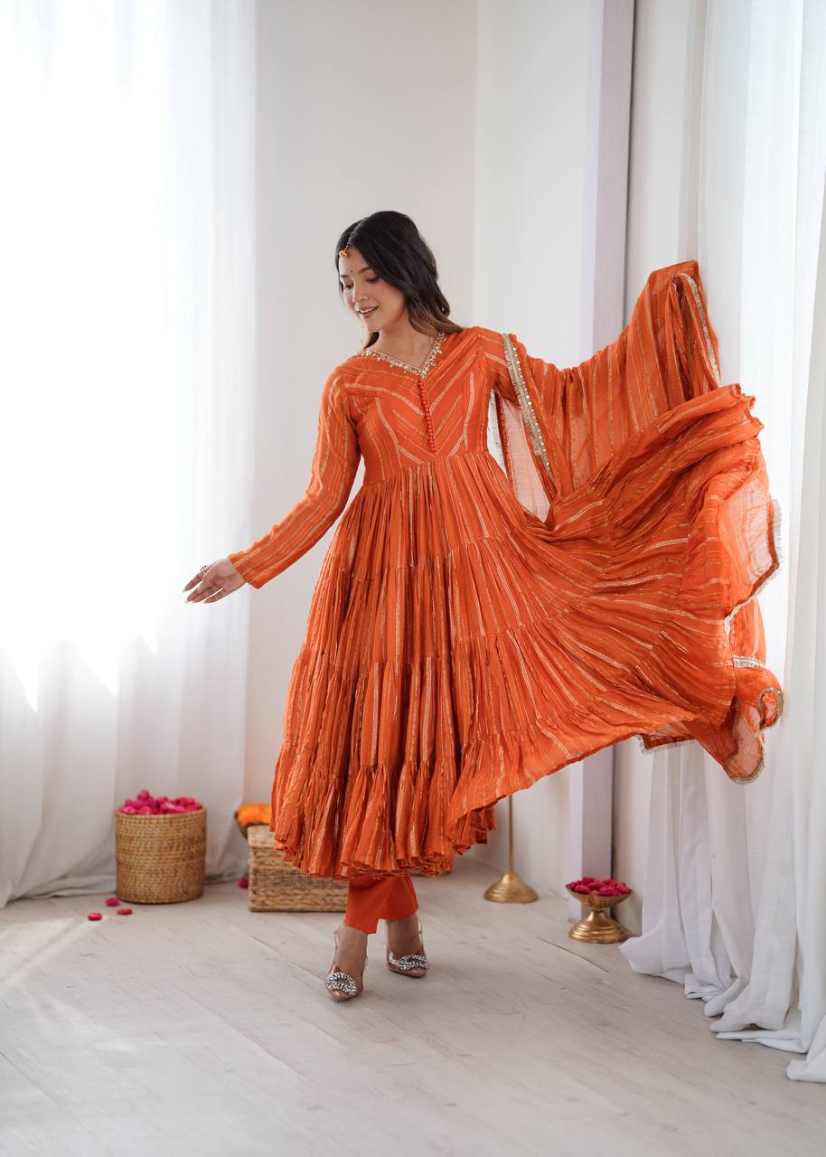 Prazu Fashion Orange Mal Chanderi Silk Real Mirror With Hand Work Anarkali Suit