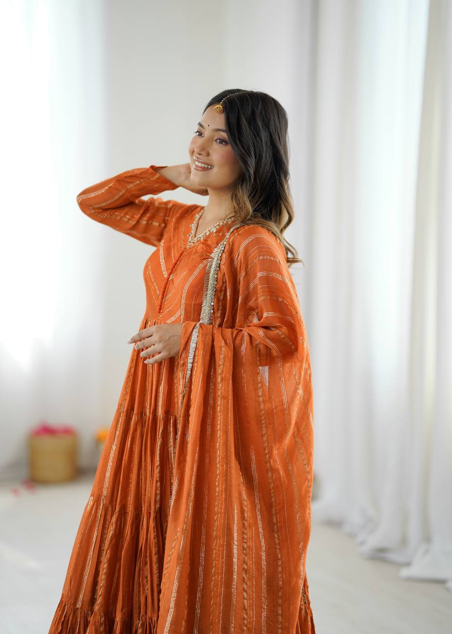 Prazu Fashion Orange Mal Chanderi Silk Real Mirror With Hand Work Anarkali Suit
