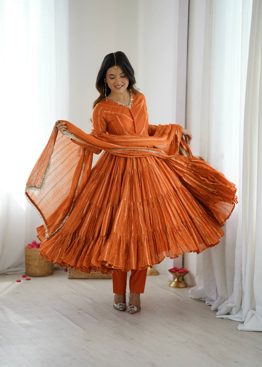 Prazu Fashion Orange Mal Chanderi Silk Real Mirror With Hand Work Anarkali Suit