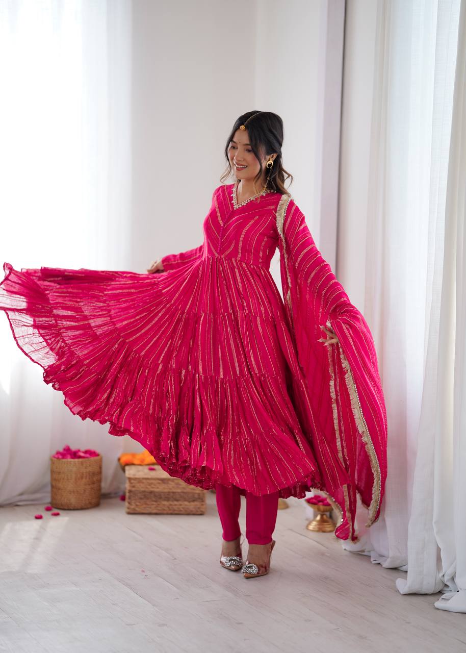 Prazu Fashion Pink Mal Chanderi Silk Real Mirror With Hand Work Anarkali Suit