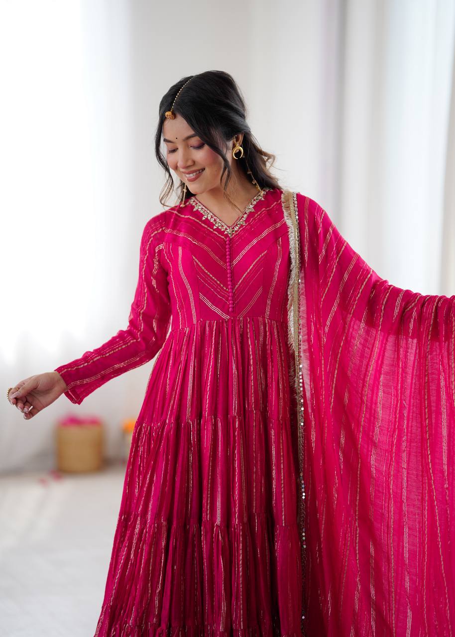 Prazu Fashion Pink Mal Chanderi Silk Real Mirror With Hand Work Anarkali Suit
