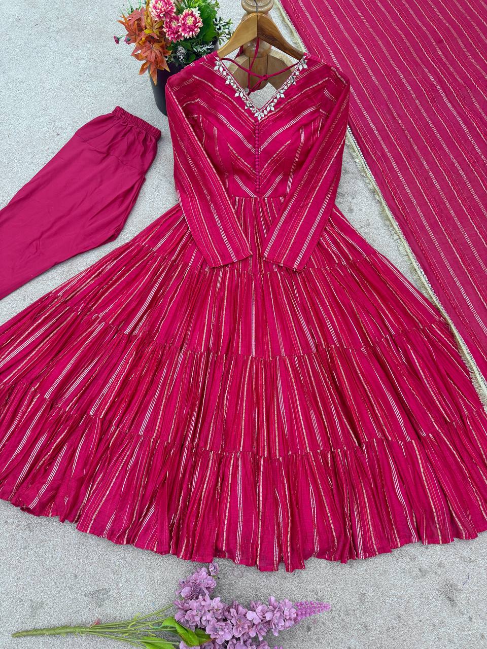 Prazu Fashion Pink Mal Chanderi Silk Real Mirror With Hand Work Anarkali Suit