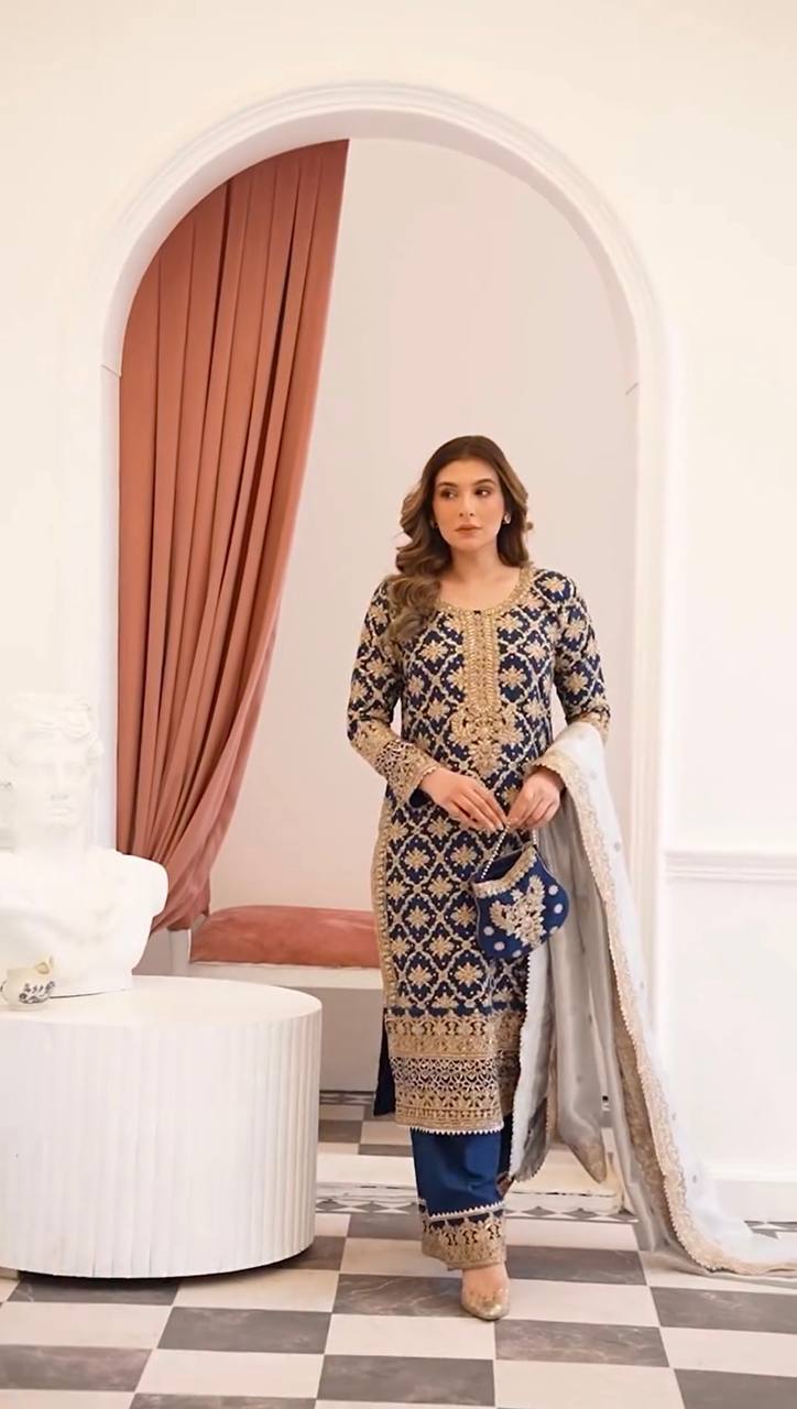 Prazu Fashion Blue Georgette Chain Stitch Embroidered Sequins Beads Work Salwar Suit