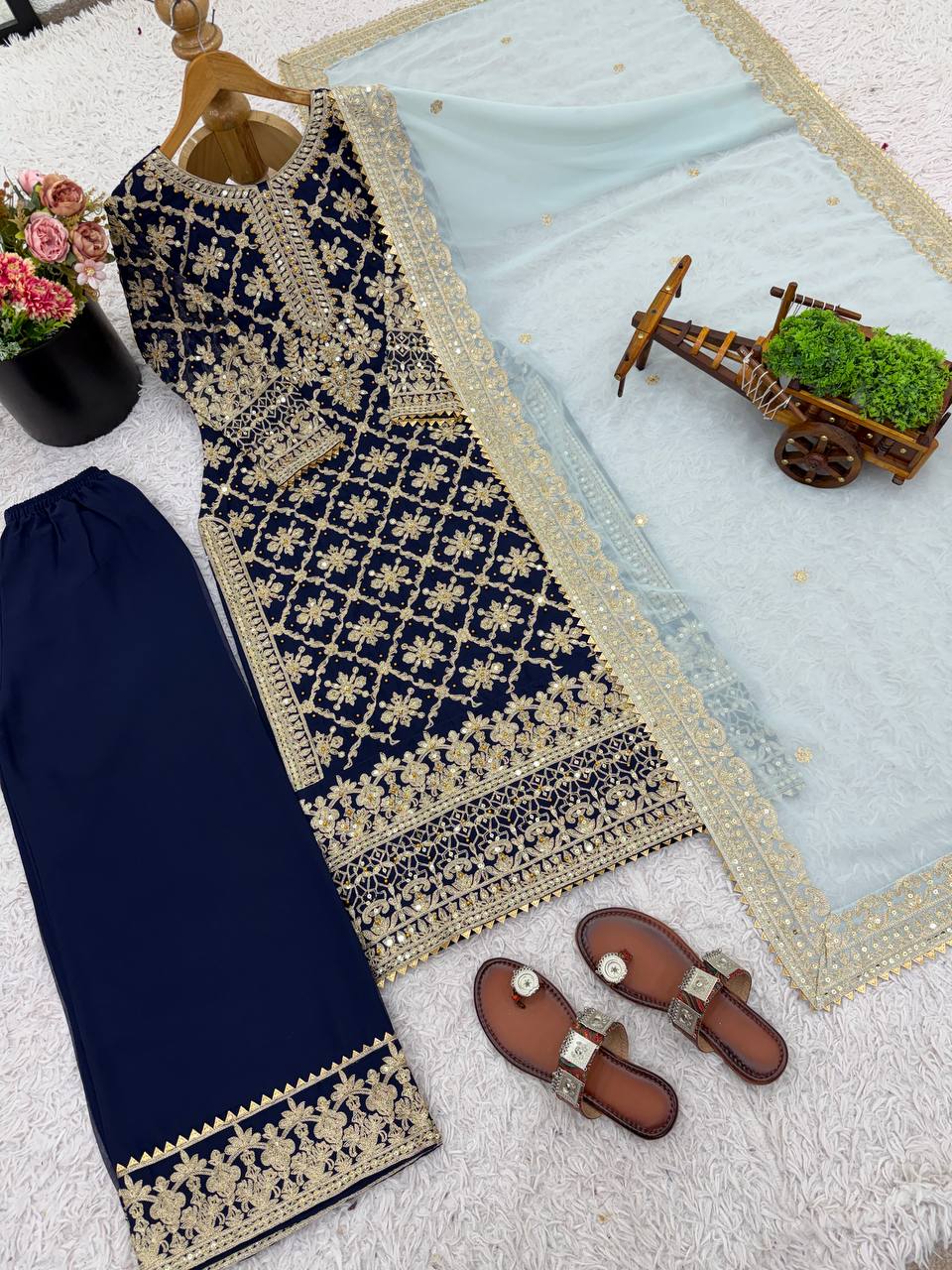 Prazu Fashion Blue Georgette Chain Stitch Embroidered Sequins Beads Work Salwar Suit