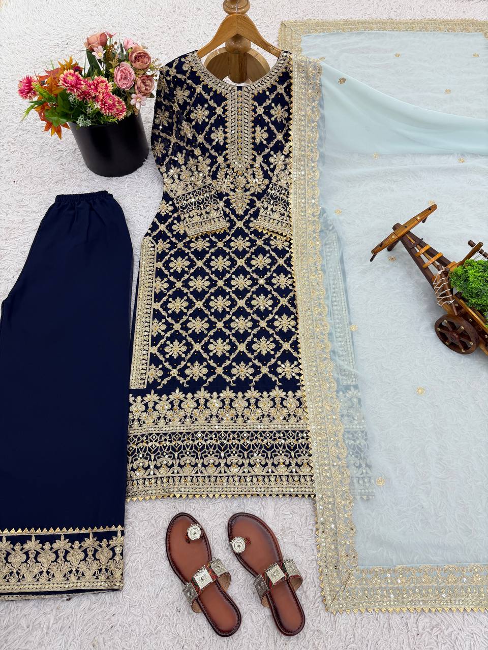 Prazu Fashion Blue Georgette Chain Stitch Embroidered Sequins Beads Work Salwar Suit