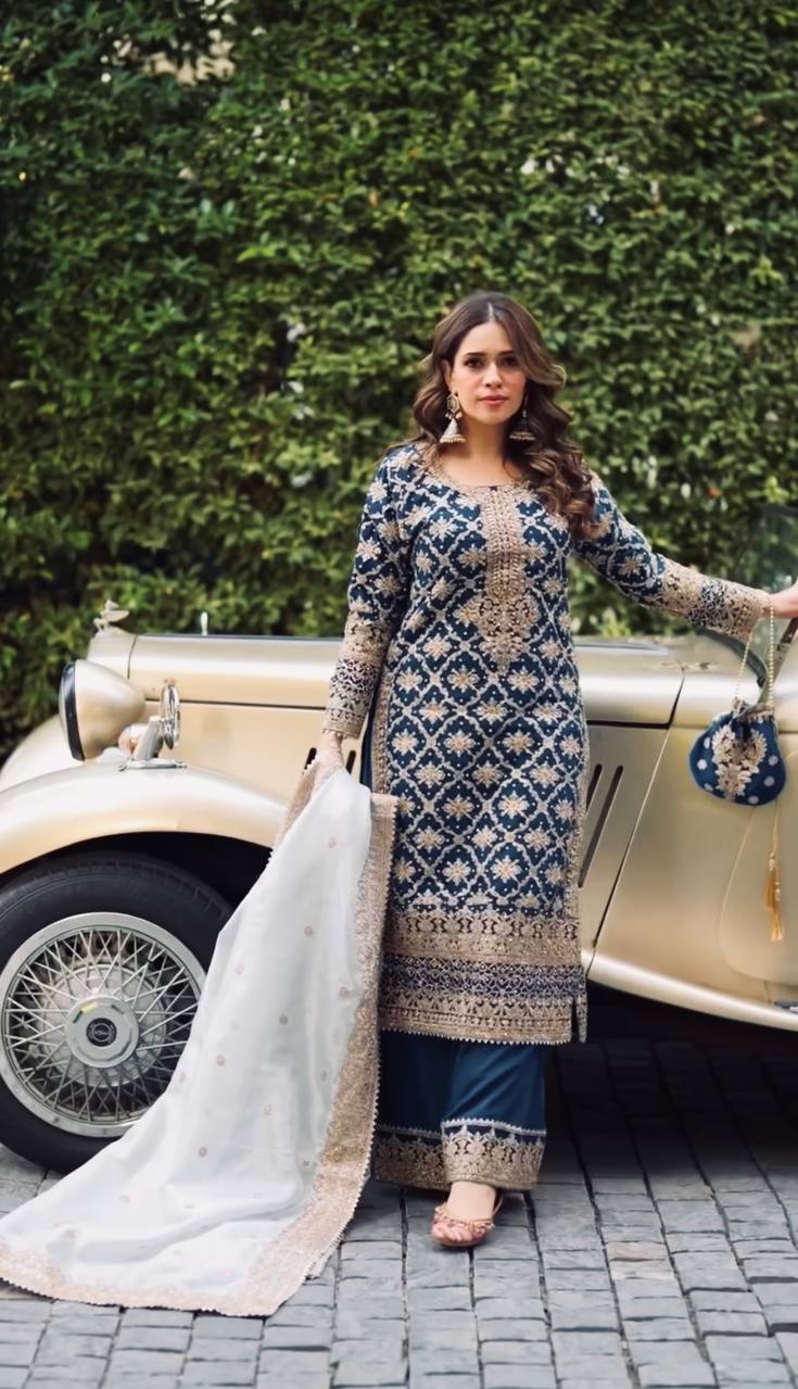 Prazu Fashion Blue Georgette Chain Stitch Embroidered Sequins Beads Work Salwar Suit