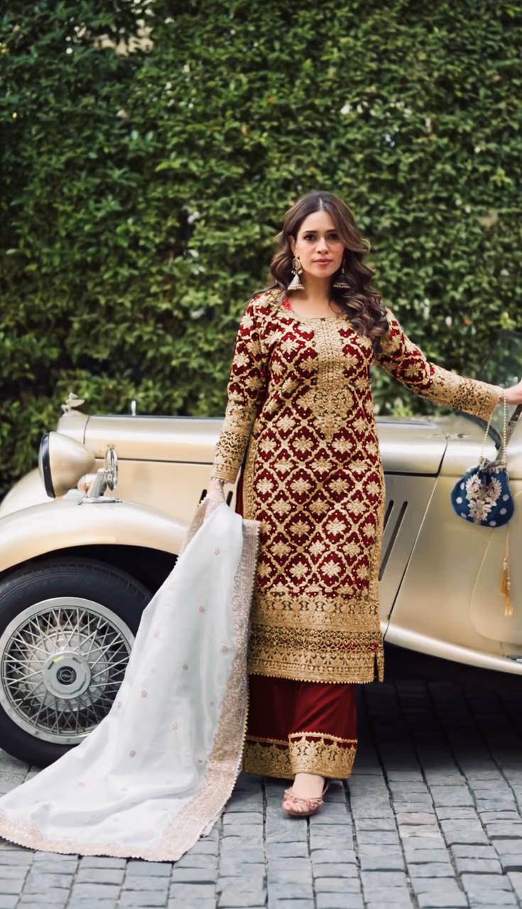 Prazu Fashion Maroon Georgette Chain Stitch Embroidered Sequins Beads Work Salwar Suit
