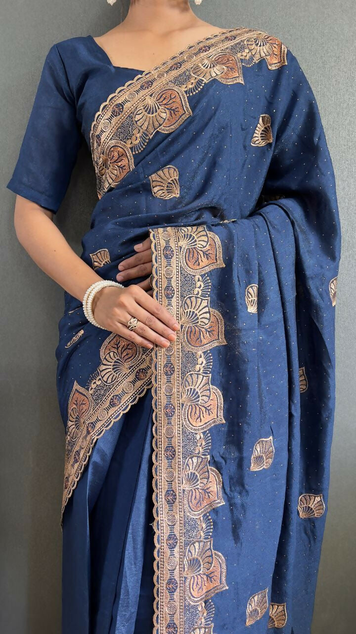 Vastranavya Blue Vichitra Silk Zari with Swarovski Work Ready to Wear Saree