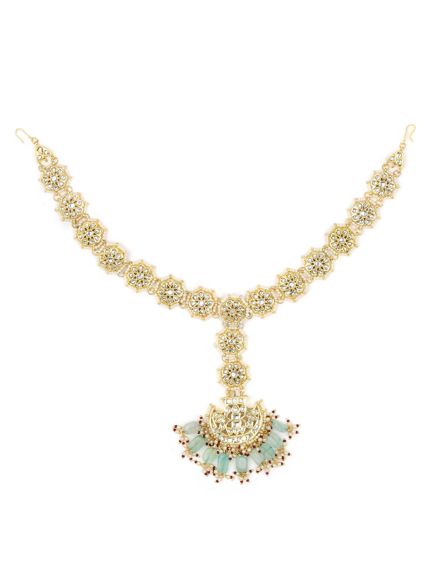Gold-Polished White Blue Kundan-Studded Pearl Beaded Matha Patti - Ruby Raang