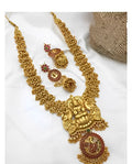 Jewel City Antique Gold Lakshmi Temple Necklace Set - Traditional Kemp Ruby Long Haram with Designer Jhumkas