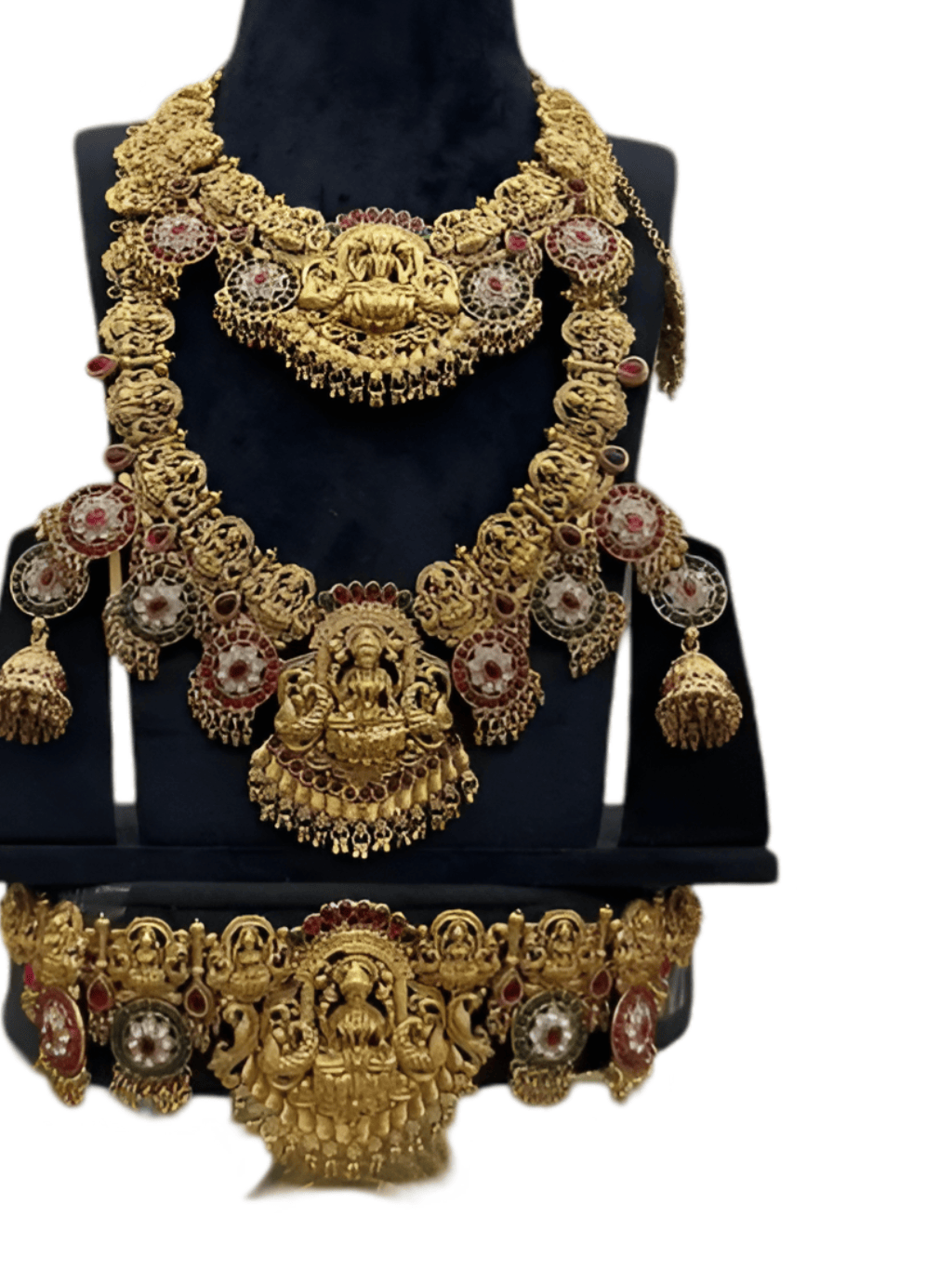 Jewel City Luxurious Goddess Lakshmi Temple Gold-Plated Bridal Jewelry Set - Antique South Indian Wedding Necklace with Precious Stone Accents