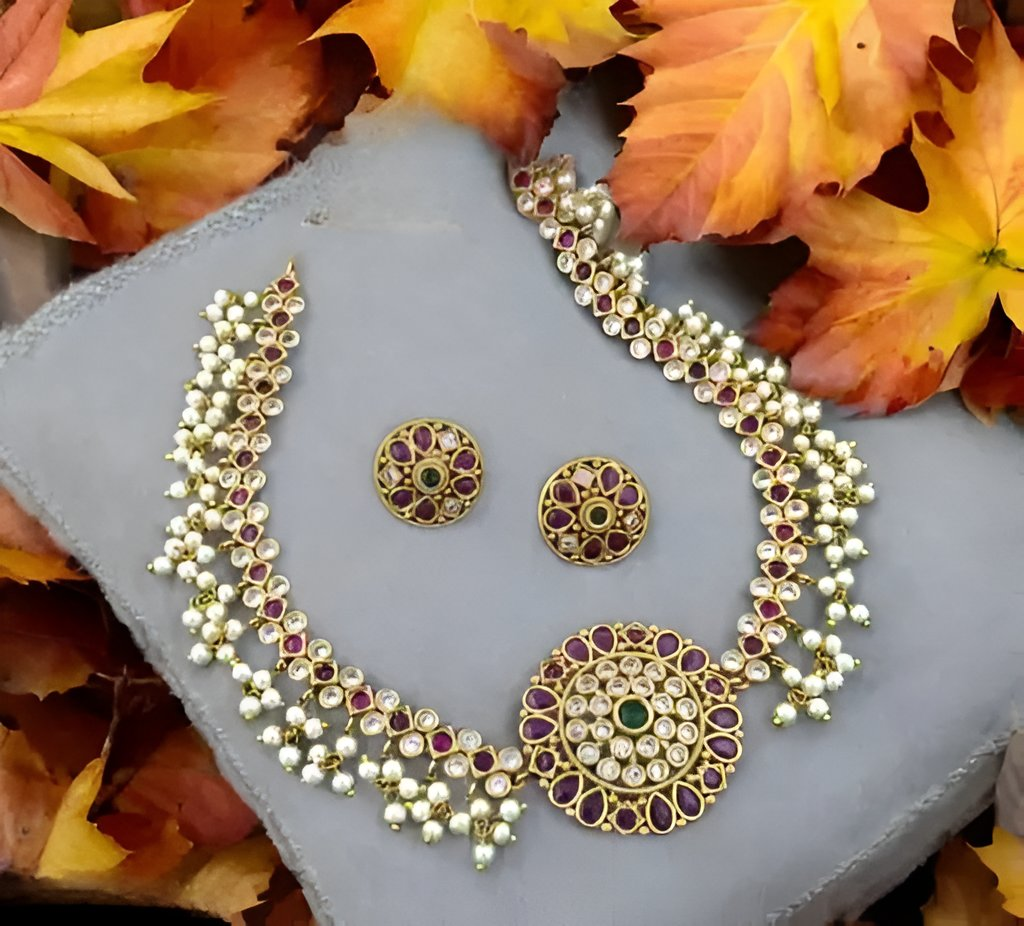 Jewel City Traditional Kundan & Pearl Choker Necklace Set – Ruby & Emerald Accents