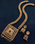 Jewel City Antique Gold-Plated Filigree Necklace Set – Traditional Long Haram with Ruby Accent