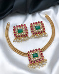 Jewel City Square Kundan Necklace Set Multicolor Stone Gold-Plated Jewelry with Pearl Drops | Traditional Indian Wedding Collection