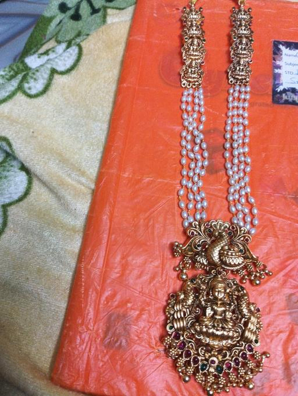 Jewel City Temple Jewelry Set - Antique Gold Lakshmi Pendant Pearl String Necklace - South Indian Traditional Wedding Collection