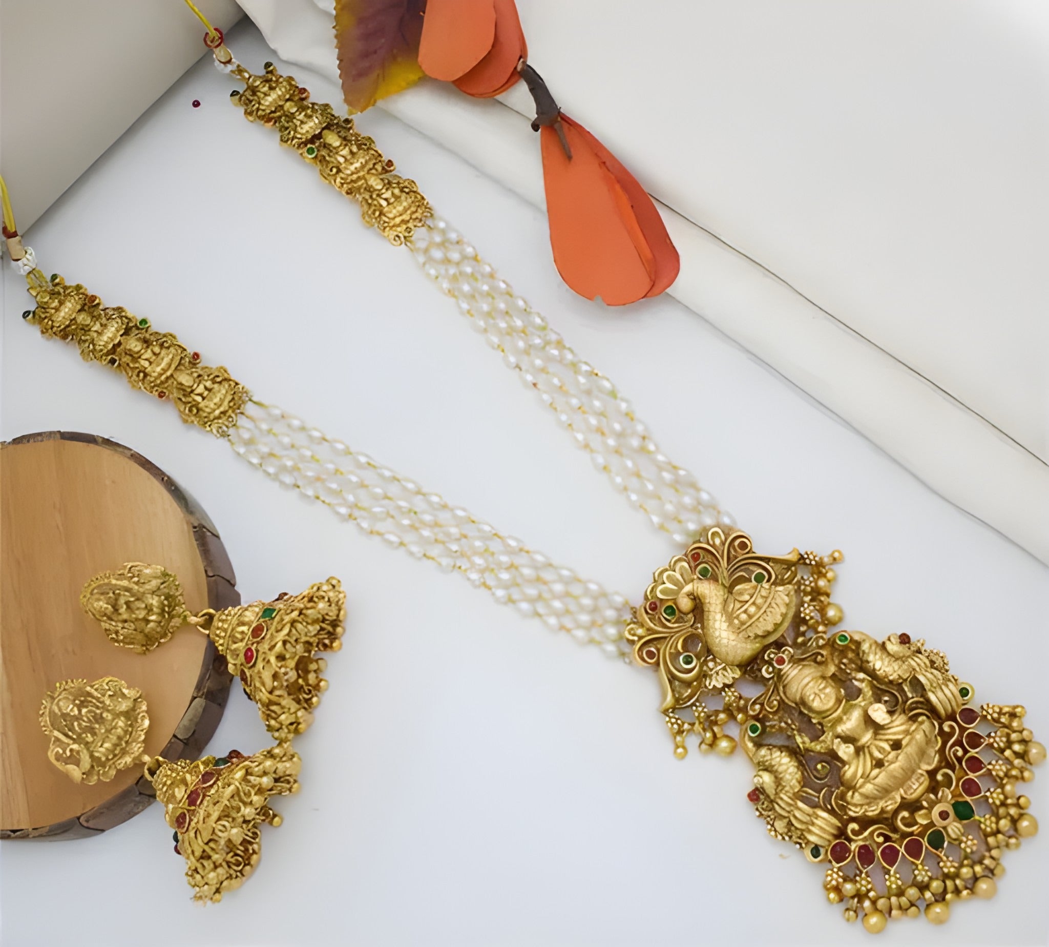 Jewel City Temple Jewelry Set - Antique Gold Lakshmi Pendant Pearl String Necklace - South Indian Traditional Wedding Collection