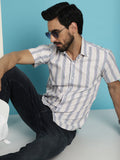 Indian Needle Men's Vertical Striped Half Sleeve Casual Shirt - Cream