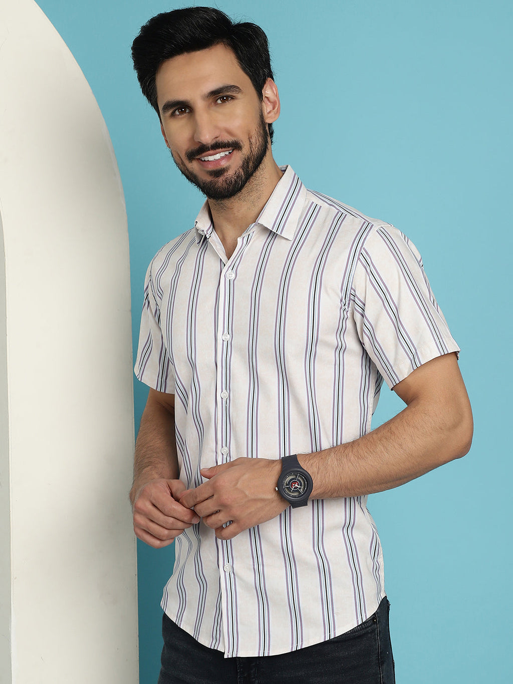 Indian Needle Men's Vertical Striped Half Sleeve Casual Shirt - Cream