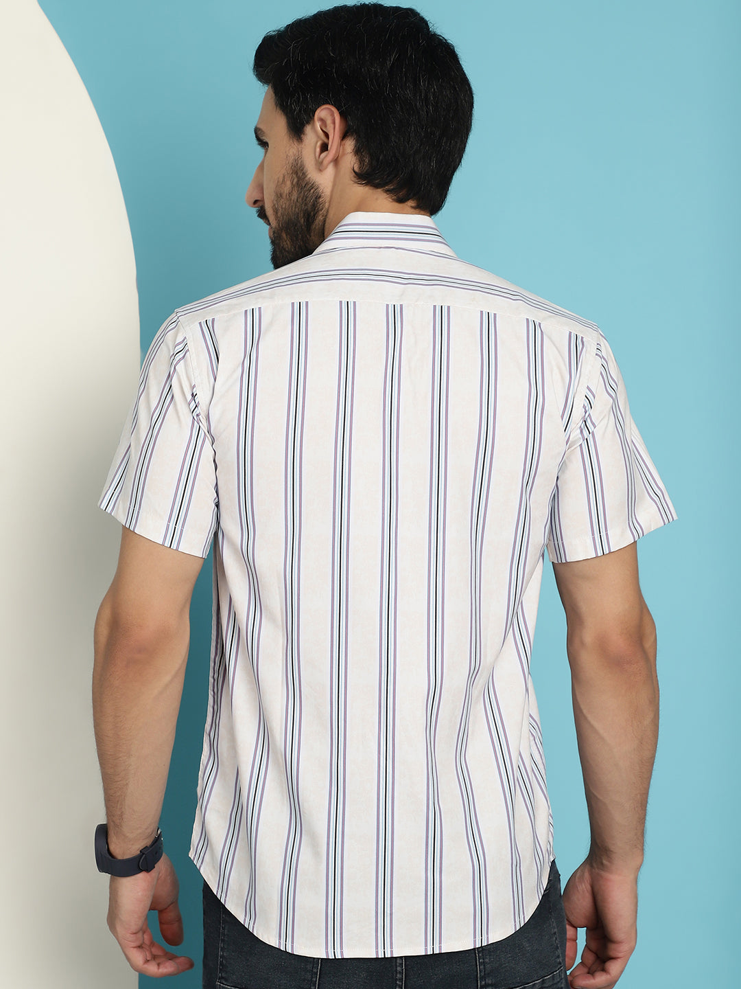 Indian Needle Men's Vertical Striped Half Sleeve Casual Shirt - Cream