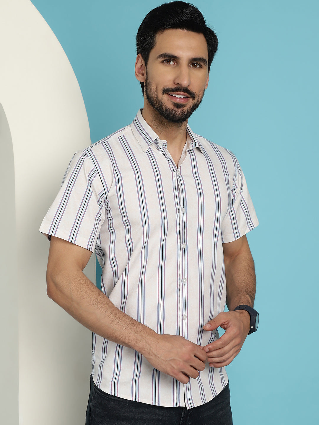 Indian Needle Men's Vertical Striped Half Sleeve Casual Shirt - Cream