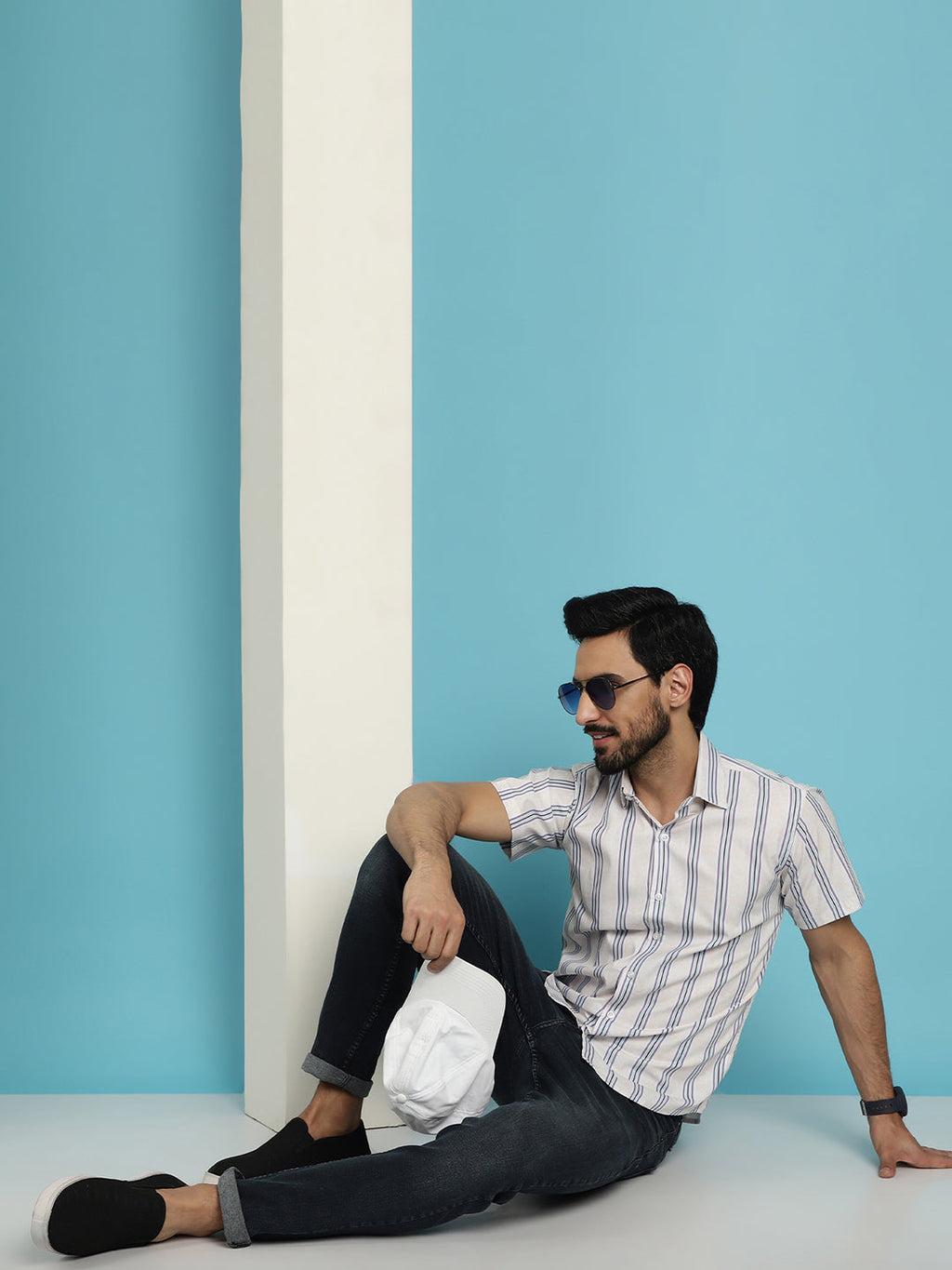 Indian Needle Men's Vertical Striped Half Sleeve Casual Shirt - Cream