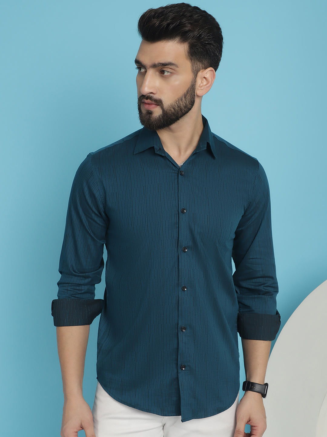 Indian Needle Men's Woven Design Casual Shirt - Peacock