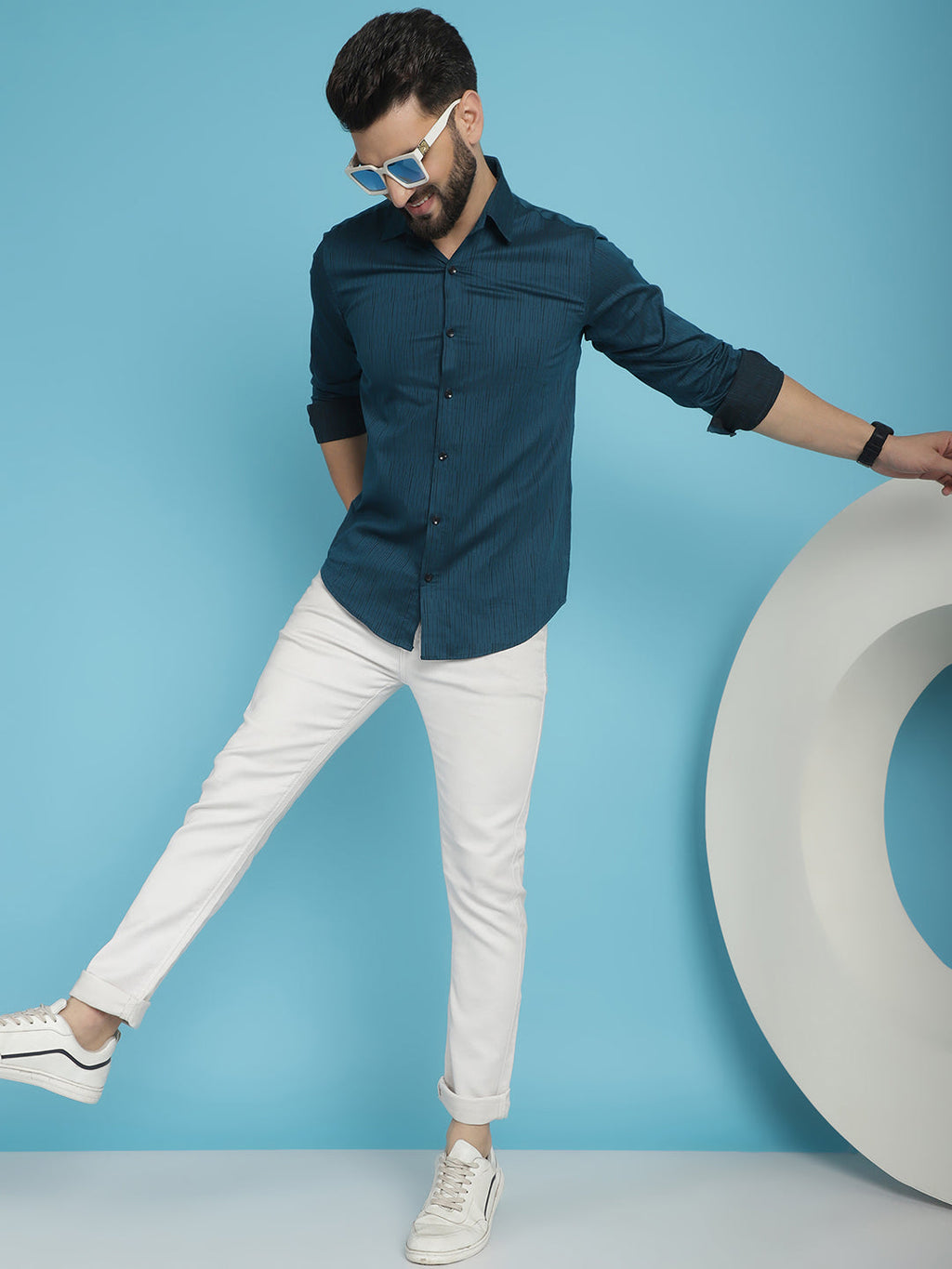 Indian Needle Men's Woven Design Casual Shirt - Peacock