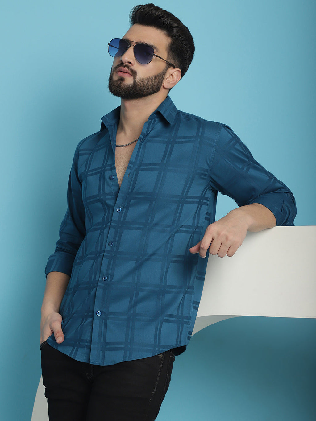 Indian Needle Men's Peacock Blue Checked Casual Shirt