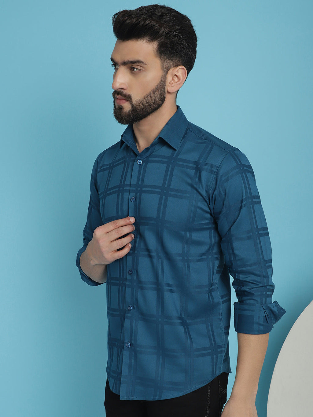 Indian Needle Men's Peacock Blue Checked Casual Shirt