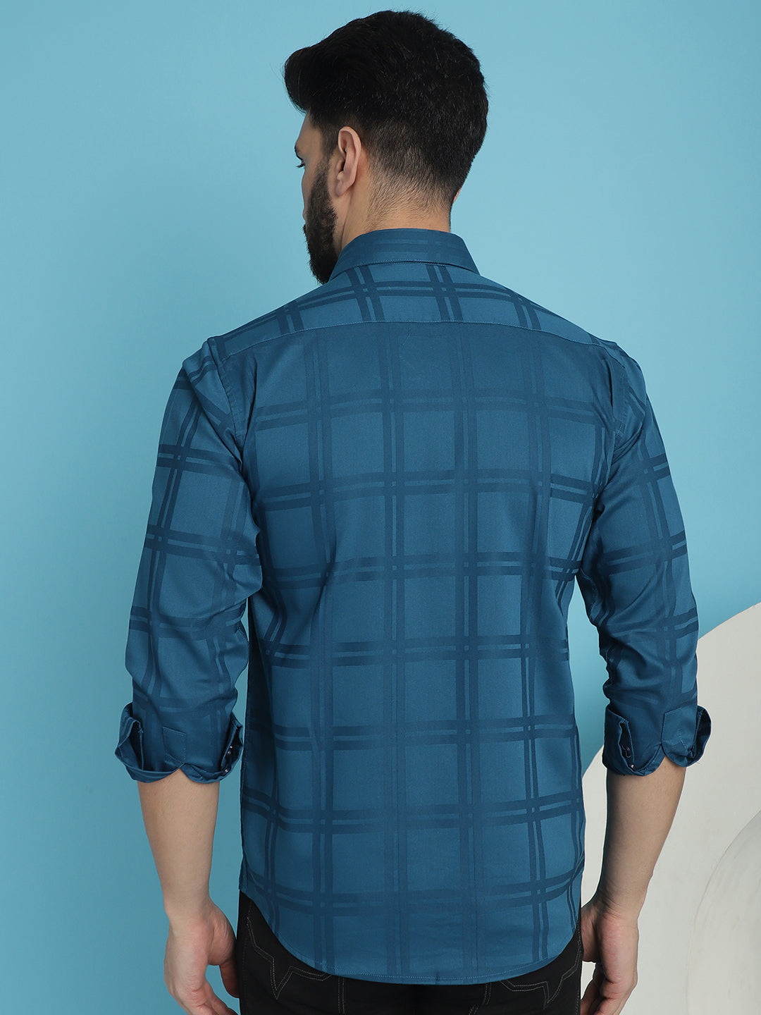 Indian Needle Men's Peacock Blue Checked Casual Shirt