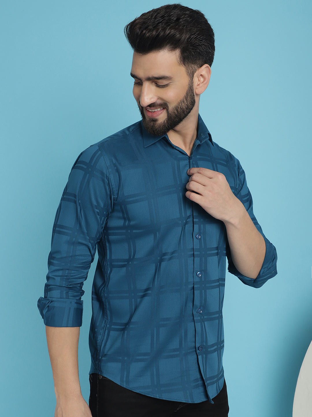 Indian Needle Men's Peacock Blue Checked Casual Shirt