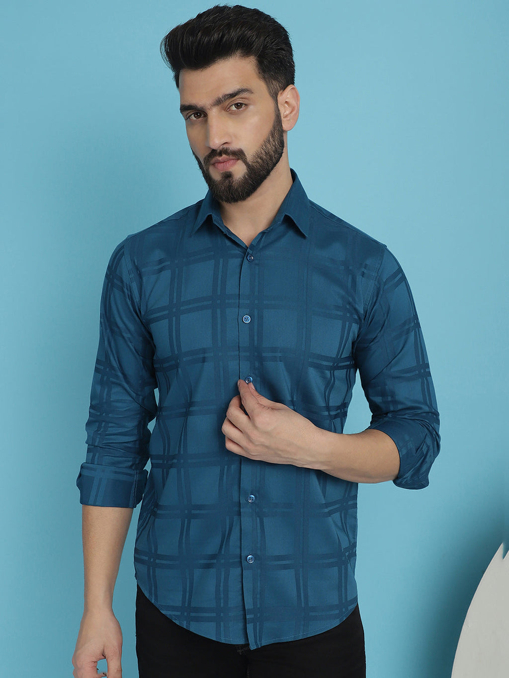 Indian Needle Men's Peacock Blue Checked Casual Shirt
