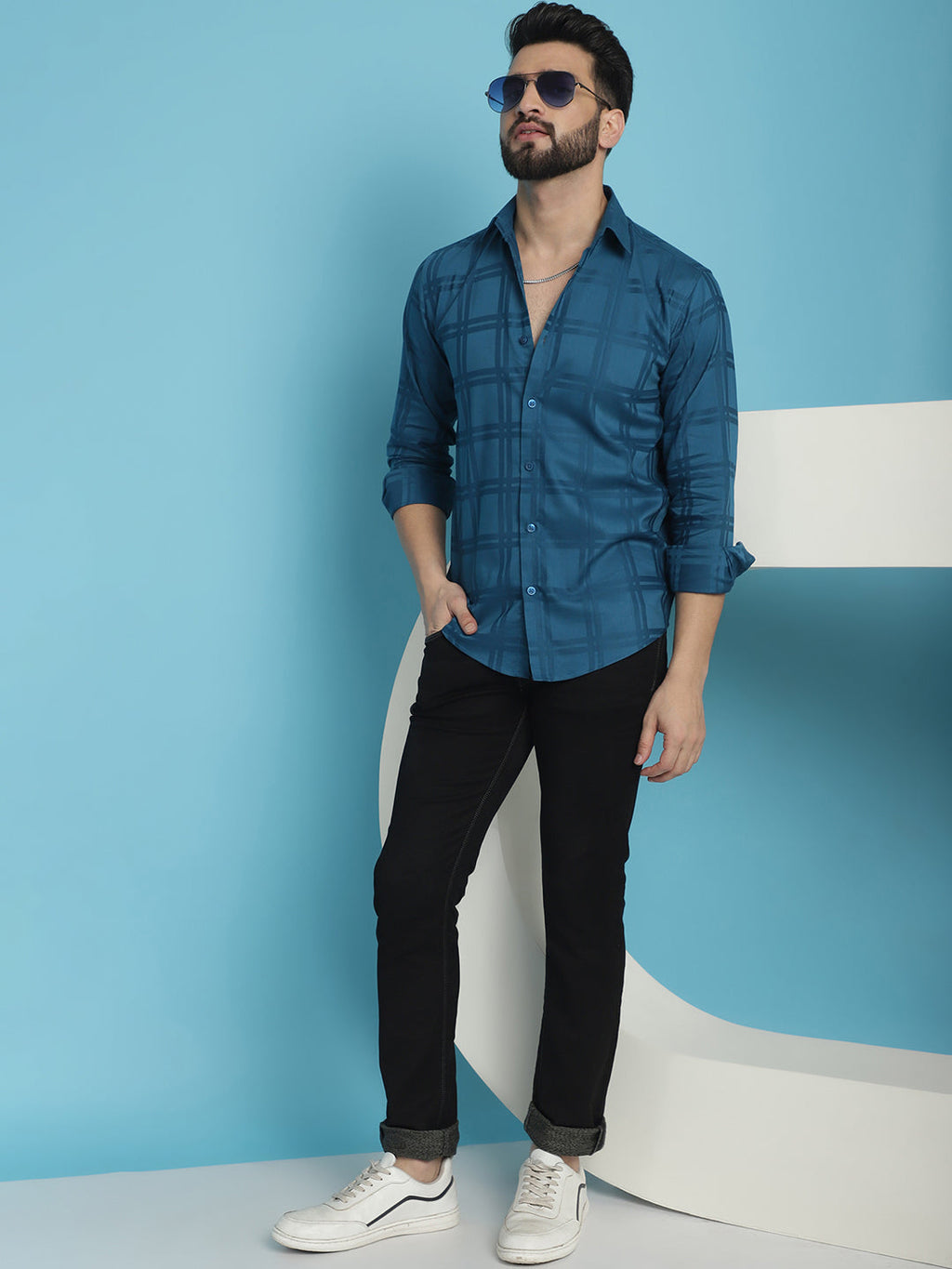 Indian Needle Men's Peacock Blue Checked Casual Shirt