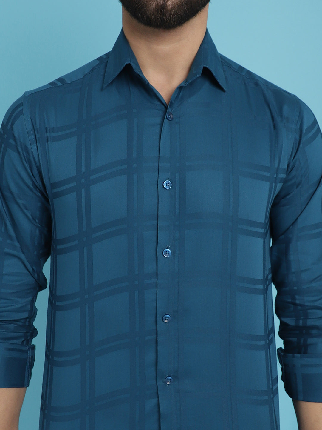 Indian Needle Men's Peacock Blue Checked Casual Shirt
