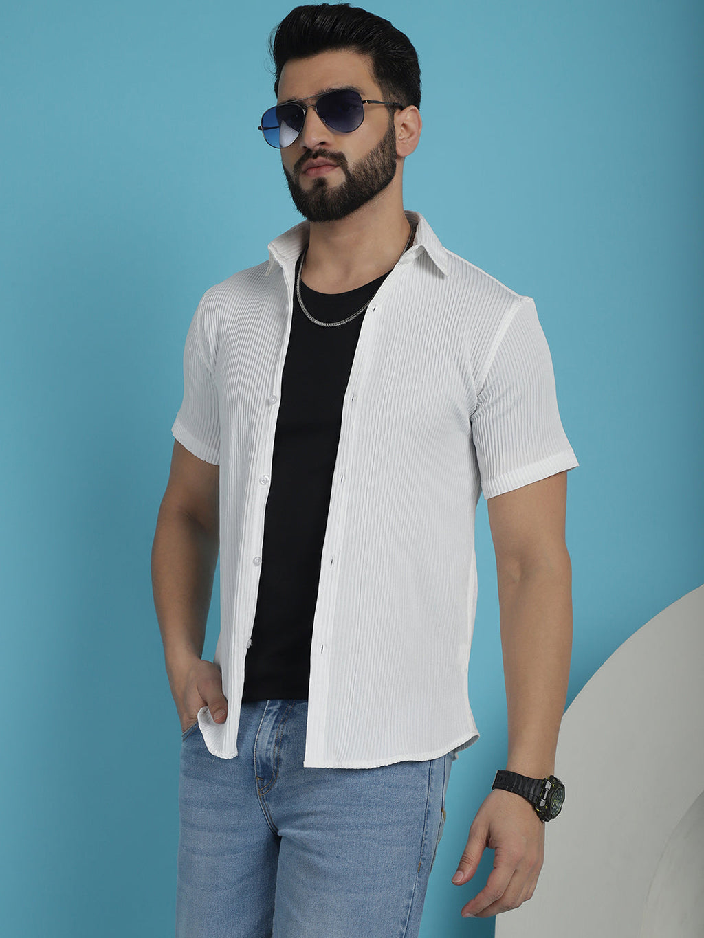 Indian Needle Men's Striped Half Sleeve Casual Shirt - White