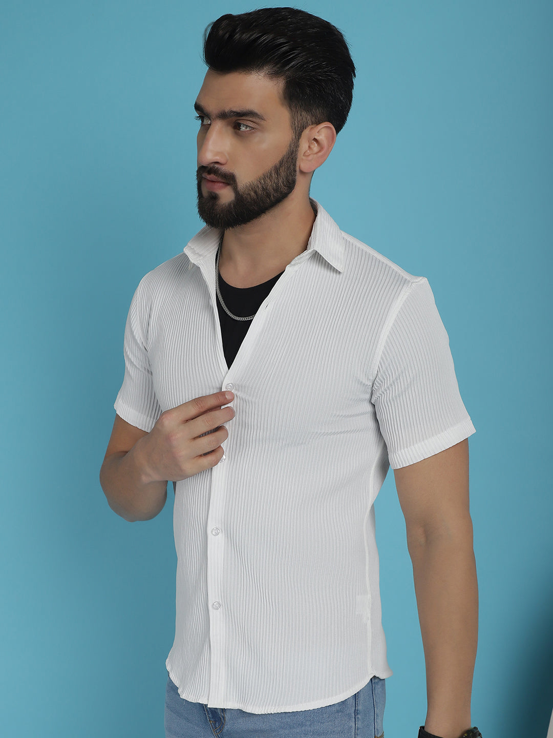 Indian Needle Men's Striped Half Sleeve Casual Shirt - White